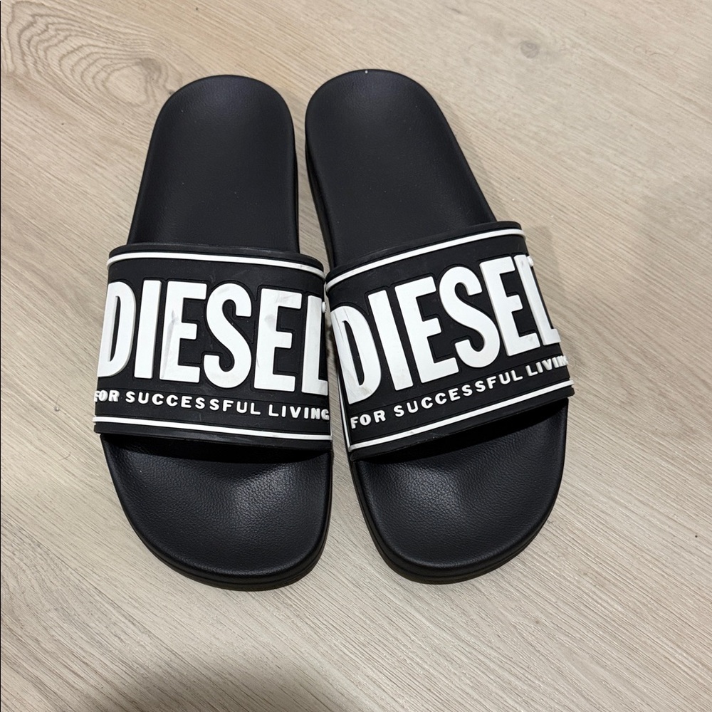 Diesel Black and White Slide Sandals